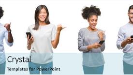  Presentation with collage of diversity people - Presentation theme having collage of people texting sending background and a light blue colored foreground