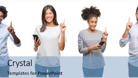  Presentation with collage of diversity people - Colorful slide set enhanced with collage of people texting sending backdrop and a light blue colored foreground