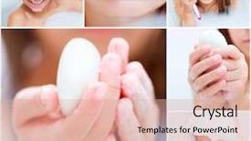  Presentation with collage - Slide deck having collage of photos in which a girl takes a bath washes his hands and brushes his teeth background and a coral colored foreground