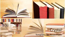  Presentation with books - Presentation design featuring collage of pictures of books background and a coral colored foreground