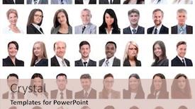  Presentation with employees - Colorful PPT layouts enhanced with collage-of-portraits-of-successful backdrop and a coral colored foreground