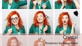  Presentation with crown - Slide deck having collage of portraits of a beautiful young red woman with crown background and a coral colored foreground