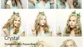  Presentation with crown - Presentation design featuring collage of portraits of a beautiful young blond woman with crown background and a lemonade colored foreground