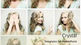  Presentation with crown - Presentation theme featuring collage of portraits of a beautiful young blond woman with crown background and a lemonade colored foreground