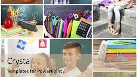  Presentation with children education - PPT theme consisting of collage of school children in studying process and education tools background and a soft green colored foreground