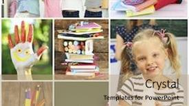  Presentation with children education - PPT theme featuring collage of school children in studying process and education tools background and a coral colored foreground