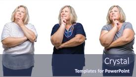  Presentation with fat - Amazing theme having collage of senior fat woman over isolated background with hand on chin thinking about question pensive expression smiling with thoughtful face doubt concept backdrop and a ocean colored foreground
