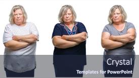  Presentation with woman praying over bible - PPT theme having collage of senior fat woman over isolated background skeptic and nervous disapproving expression on face with crossed arms negative person background and a wine colored foreground
