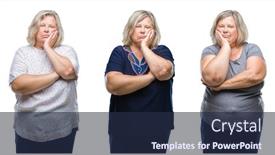  Presentation with adiposity mitochondria biology fat - Presentation consisting of collage of senior fat woman over isolated background thinking looking tired and bored with depression problems with crossed arms background and a navy blue colored foreground