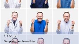  Presentation with collage - Presentation theme having collage of senior hoary elegant man over white isolated background excited for success with arms raised celebrating victory smiling winner concept background and a light blue colored foreground
