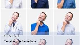  Presentation with elegant - Slide deck featuring collage of senior hoary elegant man over white isolated background with hand on chin thinking about question pensive expression smiling with thoughtful face doubt concept background and a light blue colored foreground