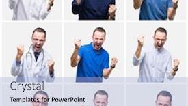  Presentation with collage - PPT theme consisting of collage of senior hoary elegant man over white isolated background very happy and excited doing winner gesture with arms raised smiling and screaming for success celebration concept background and a light blue colored foreground