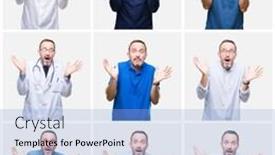  Presentation with collage - Presentation design consisting of collage of senior hoary elegant man over white isolated background clueless and confused expression with arms and hands raised doubt concept background and a light blue colored foreground