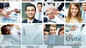  Presentation with smart objects - Beautiful presentation design featuring collage of smart businesspeople business backdrop and a light blue colored foreground