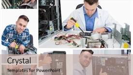  Presentation with nutrition word collage - PPT theme consisting of electronics screws - collage of smiling handsome computer background and a coral colored foreground