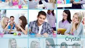  Presentation with college students - Colorful slide set enhanced with collage of students at college learning and eating backdrop and a light blue colored foreground