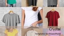  Presentation with knitted shirts - Presentation theme featuring collage of stylish and trendy t-shirts background and a coral colored foreground