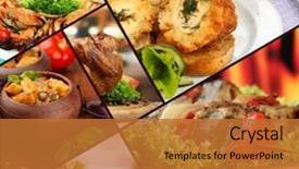  Presentation with culinary - PPT layouts enhanced with collage of tantalizing culinary dishes background and a red colored foreground