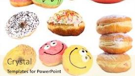  Presentation with donuts - PPT theme with collage-of-tasty-donuts-isolated background and a blonde colored foreground