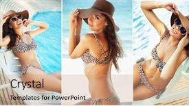  Presentation with three step - Slides enhanced with collage of three adorable brunettes background and a  colored foreground