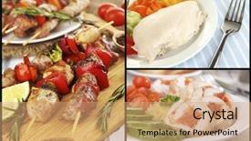  Presentation with meat food - Cool new slide set with collage of various meals backdrop and a coral colored foreground