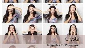  Presentation with facial - Presentation theme consisting of collage of woman different facial expressions background and a coral colored foreground