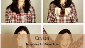  Presentation with facial - Beautiful presentation theme featuring collage of woman different facial expressions backdrop and a coral colored foreground