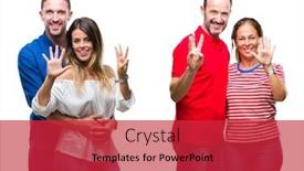  Presentation with confident love - Presentation theme having collage of young and mature couple in love over isolated background showing and pointing up with fingers number eight while smiling confident and happy background and a red colored foreground
