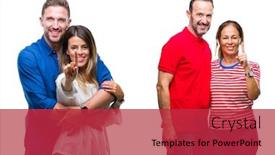  Presentation with confident love - Cool new presentation theme with collage of young and mature couple in love over isolated background showing and pointing up with finger number one while smiling confident and happy backdrop and a red colored foreground