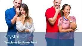  Presentation with confident love - Colorful theme enhanced with collage of young and mature couple in love over isolated background looking confident at the camera with smile with crossed arms and hand raised on chin thinking positive backdrop and a ocean colored foreground