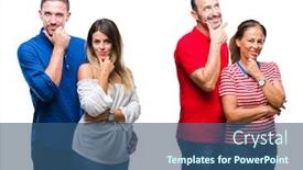  Presentation with confident love - PPT theme having collage of young and mature couple in love over isolated background looking confident at the camera with smile with crossed arms and hand raised on chin thinking positive background and a ocean colored foreground