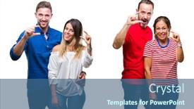  Presentation with confident love - Cool new PPT theme with collage of young and mature couple in love over isolated background smiling and confident gesturing with hand doing size sign with fingers while looking and the camera measure concept backdrop and a ocean colored foreground