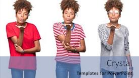  Presentation with sexy girl - Slide set featuring collage of young beautiful african girl over isolated background looking at the camera blowing a kiss with hand on air being lovely and sexy love expression background and a teal colored foreground