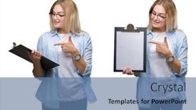  Presentation with metrics cloud collage business - Amazing slide deck having collage of young beautiful blonde business woman holding clipboard over white isolated backgroud very happy pointing with hand and finger backdrop and a teal colored foreground
