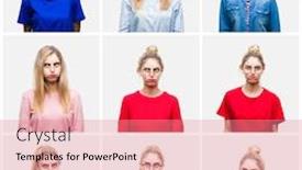  Presentation with collage - Amazing theme having collage of young beautiful blonde woman over white isolated background making fish face with lips crazy and comical gesture funny expression backdrop and a coral colored foreground
