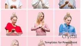  Presentation with collage - Cool new theme with collage of young beautiful blonde woman over pink isolated background disgusted expression displeased and fearful doing disgust face because aversion reaction with hands raised annoying concept backdrop and a lemonade colored foreground