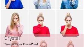  Presentation with bad breath - Theme consisting of collage of young beautiful blonde woman over white isolated background smelling something stinky and disgusting intolerable smell holding breath with fingers on nose bad smells concept background and a coral colored foreground