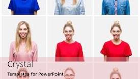  Presentation with emotion - Colorful PPT theme enhanced with collage of young beautiful blonde woman over white isolated background sticking tongue out happy with funny expression emotion concept backdrop and a coral colored foreground