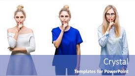  Presentation with collage - Presentation theme consisting of collage of young beautiful blonde woman over isolated background asking to be quiet with finger on lips silence and secret concept background and a teal colored foreground