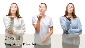  Presentation with sexy girl - Cool new presentation theme with collage of young beautiful girl wearing winter sweater over white isolated background looking at the camera blowing a kiss with hand on air being lovely and sexy love expression backdrop and a soft green colored foreground