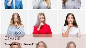  Presentation with collage - Cool new presentation theme with collage-of-young-beautiful-women backdrop and a coral colored foreground