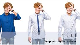  Presentation with bussines - Audience pleasing theme consisting of collage of young bussines man with curly hair wearing glasses over isolated white background doing ok gesture with hand smiling eye looking through fingers with happy face backdrop and a light blue colored foreground