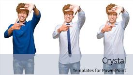  Presentation with bussines - Slide deck having collage of young bussines man background and a  colored foreground