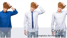  Presentation with curly hair - Slide set featuring collage of young bussines man background and a  colored foreground