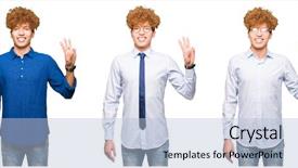  Presentation with bussines - PPT layouts enhanced with collage of young bussines man with curly hair wearing glasses over isolated white background showing and pointing up with fingers number three while smiling confident and happy background and a light blue colored foreground