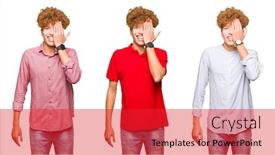  Presentation with bussines - Cool new PPT theme with collage of young bussines man with curly hair over isolated white background covering one eye with hand with confident smile on face and surprise emotion backdrop and a red colored foreground