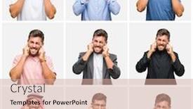  Presentation with arab music - PPT theme having collage of young doctor arab business man isolated background covering ears with fingers with annoyed expression for the noise of loud music deaf concept background and a coral colored foreground