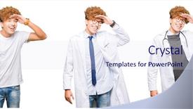  Presentation with medical smiling doctor - Audience pleasing theme consisting of collage of young doctor man backdrop and a  colored foreground