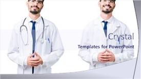  Presentation with collage medical - Cool new presentation design with collage of young doctor man wearing medical coat hands together and fingers crossed smiling relaxed and cheerful success and optimistic backdrop and a sky blue colored foreground