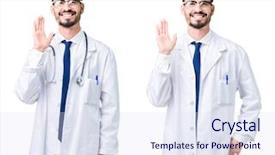  Presentation with medical smiling doctor - Audience pleasing presentation design consisting of collage of young doctor man backdrop and a  colored foreground
